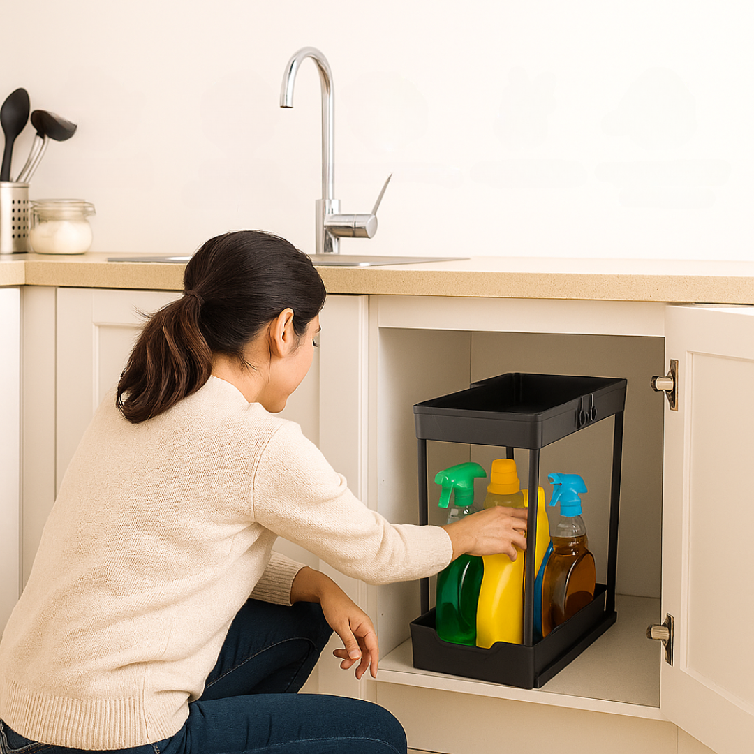 Mujer usando el organizador con satisfacción